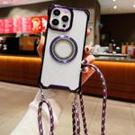 For iPhone 15 Pro Traveler Crossbody Lanyard MagSafe Four-corner TPU Clear Phone Case(Purple)