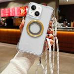 For iPhone 15 Plus Traveler Crossbody Lanyard MagSafe Four-corner TPU Clear Phone Case(White)