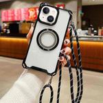 For iPhone 15 Plus Traveler Crossbody Lanyard MagSafe Four-corner TPU Clear Phone Case(Black)
