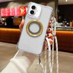 For iPhone 16 Plus Traveler Crossbody Lanyard MagSafe Four-corner TPU Clear Phone Case(White)