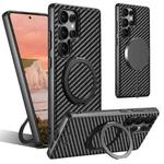 For Samsung Galaxy S25 Ultra 5G Suteni G3 Carbon Fiber Leather 360 Rotation Holder MagSafe Phone Case(Black)