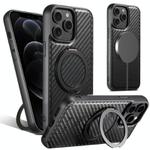 For iPhone 12 Pro Max Suteni G3 Carbon Fiber Leather 360 Rotation Holder MagSafe Phone Case(Black)