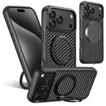 For iPhone 17 Pro Suteni G3 Carbon Fiber Leather 360 Rotation Holder MagSafe Phone Case(Black)