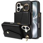 For iPhone 16 Diagonal Crossbody Ring Organ Wallet Leather Back Phone Case(Black)