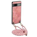 For Google Pixel 8a Vintage Leather PC Back Cover Phone Case with Crossbody Strap(Pink)