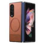 For Samsung Galaxy Z Fold3 5G Twill Fabric Leather Skin Magnetic Back Phone Case(Brown)