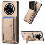 For Realme 14 Pro+ Carbon Fiber Fold Stand Elastic Card Bag Phone Case(Khaki)