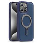 For iPhone 15 Pro Silver Shield MagSafe Holder Shockproof Phone Case(Deep Blue)