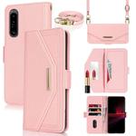 For Sony Xperia 1 III Cross Texture Crossbody Lanyard Leather Phone Case(Pink)