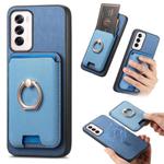For OPPO Reno12 Global Retro Cross Leather Ring Vertical Insert Card Bag MagSafe Phone Case(Blue)