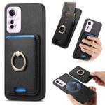 For OPPO Reno11 F Retro Cross Leather Ring Vertical Insert Card Bag MagSafe Phone Case(Black)
