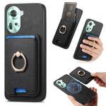 For OPPO Reno11 Global Retro Cross Leather Ring Vertical Insert Card Bag MagSafe Phone Case(Black)