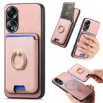 For OPPO A58 4G Retro Cross Leather Ring Vertical Insert Card Bag MagSafe Phone Case(Pink)