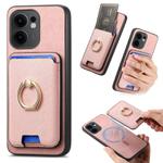 For OPPO Reno13 F Retro Cross Leather Ring Vertical Insert Card Bag MagSafe Phone Case(Pink)