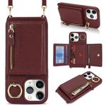 For iPhone 11 Pro Crossbody Zipper Wallet Ring Holder Litchi Leather Phone Case(Red wine)