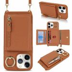 For iPhone 11 Pro Max Crossbody Zipper Wallet Ring Holder Litchi Leather Phone Case(Brown)