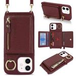 For iPhone 12 mini Crossbody Zipper Wallet Ring Holder Litchi Leather Phone Case(Red wine)