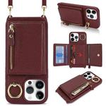 For iPhone 13 Pro Max / 12 Pro Max Crossbody Zipper Wallet Ring Holder Litchi Leather Phone Case(Red wine)