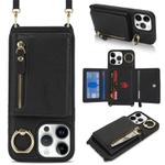 For iPhone 13 Pro Max / 12 Pro Max Crossbody Zipper Wallet Ring Holder Litchi Leather Phone Case(Black)