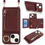For iPhone 13 mini Crossbody Zipper Wallet Ring Holder Litchi Leather Phone Case(Red wine)