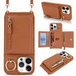 For iPhone 13 Pro Crossbody Zipper Wallet Ring Holder Litchi Leather Phone Case(Brown)