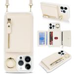 For iPhone 14 Pro Crossbody Zipper Wallet Ring Holder Litchi Leather Phone Case(Apricot)