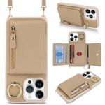 For iPhone 14 Pro Crossbody Zipper Wallet Ring Holder Litchi Leather Phone Case(Rose Gold)