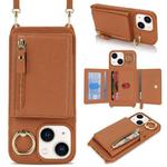 For iPhone 15 Crossbody Zipper Wallet Ring Holder Litchi Leather Phone Case(Brown)