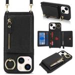 For iPhone 15 Crossbody Zipper Wallet Ring Holder Litchi Leather Phone Case(Black)