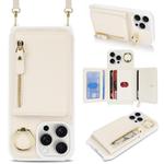 For iPhone 15 Pro Crossbody Zipper Wallet Ring Holder Litchi Leather Phone Case(Apricot)
