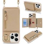 For iPhone 15 Pro Crossbody Zipper Wallet Ring Holder Litchi Leather Phone Case(Rose Gold)