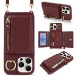 For iPhone 15 Pro Crossbody Zipper Wallet Ring Holder Litchi Leather Phone Case(Red wine)