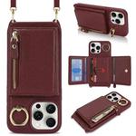 For iPhone 15 Pro Max Crossbody Zipper Wallet Ring Holder Litchi Leather Phone Case(Red wine)