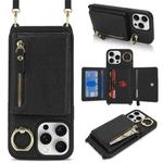 For iPhone 15 Pro Max Crossbody Zipper Wallet Ring Holder Litchi Leather Phone Case(Black)