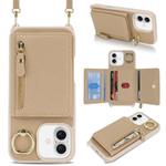 For iPhone 16 Crossbody Zipper Wallet Ring Holder Litchi Leather Phone Case(Rose Gold)