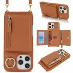 For iPhone 16 Pro Crossbody Zipper Wallet Ring Holder Litchi Leather Phone Case(Brown)