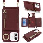 For iPhone 16 Plus Crossbody Zipper Wallet Ring Holder Litchi Leather Phone Case(Red wine)