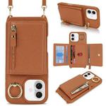 For iPhone 16 Plus Crossbody Zipper Wallet Ring Holder Litchi Leather Phone Case(Brown)