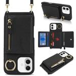For iPhone 16 Plus Crossbody Zipper Wallet Ring Holder Litchi Leather Phone Case(Black)
