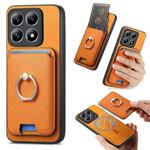 For Xiaomi 14T Retro Cross Leather Ring Vertical Insert Card Bag MagSafe Phone Case(Yellow)
