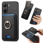 For Redmi Turbo 4 Retro Cross Leather Ring Vertical Insert Card Bag MagSafe Phone Case(Black)