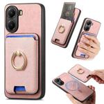 For Xiaomi Poco X7 Pro Retro Cross Leather Ring Vertical Insert Card Bag MagSafe Phone Case(Pink)
