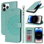 For iPhone 14 Pro Double Fold Printed Embossing Leather Phone Case(Mint Green)