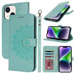 For iPhone 14 Plus Double Fold Printed Embossing Leather Phone Case(Mint Green)
