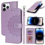 For iPhone 14 Pro Max Double Fold Printed Embossing Leather Phone Case(Purple)