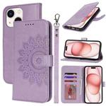 For iPhone 15 Double Fold Printed Embossing Leather Phone Case(Purple)