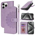 For iPhone 15 Pro Double Fold Printed Embossing Leather Phone Case(Purple)