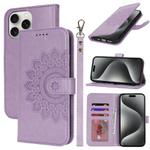 For iPhone 15 Pro Max Double Fold Printed Embossing Leather Phone Case(Purple)