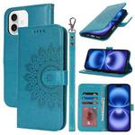 For iPhone 16 Double Fold Printed Embossing Leather Phone Case(Blue)