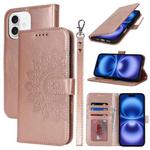 For iPhone 16 Double Fold Printed Embossing Leather Phone Case(Rose Gold)